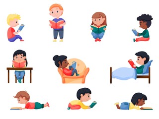 Smart happy little kid enjoy reading paper book and studying set. Cute girl and boy reader, young literature fan learning at home or school library vector illustration isolated on white background