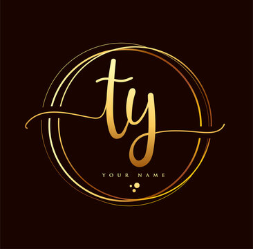 TY Initial handwriting logo golden color. Hand lettering Initials logo branding, Feminine and luxury logo design isolated on black background.