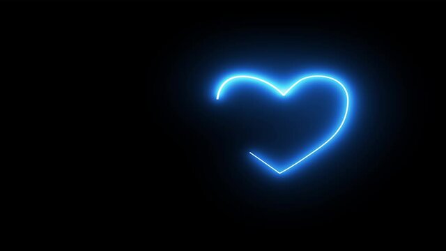 Valentine's Day. Animation. Animated blue letters and a blue heart on a black background.Looped disappearing text.Neon heart. Place for your text. Copy space.