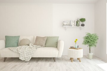 White living room with sofa. Scandinavian interior design. 3D illustration