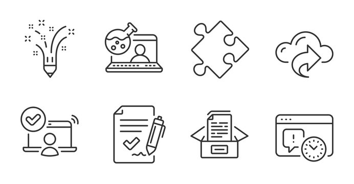 Strategy, Cloud share and Inspiration line icons set. Documents box, Online access and Project deadline signs. Online chemistry, Approved agreement symbols. Quality line icons. Strategy badge. Vector