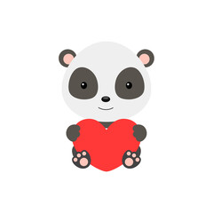 Cute funny panda with heart on white background. Cartoon animal character for congratulation with St. Valentine day, greeting card, invitation, wall decor, sticker. Colorful vector stock illustration.
