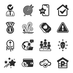 Set of Business icons, such as Face biometrics, Parking, Vacancy symbols. Fireworks, Vip phone, Archery signs. Cloud computing, Best rank, Swipe up. Love ticket, Business podium. Vector