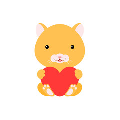 Cute funny hamster with heart on white background. Cartoon animal character for congratulation with St. Valentine day, greeting card, invitation, wall decor, sticker. Colorful vector illustration.