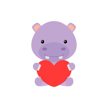Cute funny hippo with heart on white background. Cartoon animal character for congratulation with St. Valentine day, greeting card, invitation, wall decor, sticker. Colorful vector stock illustration.