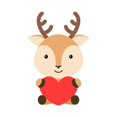 Cute funny deer with heart on white background. Cartoon animal character for congratulation with St. Valentine day, greeting card, invitation, wall decor, sticker. Colorful vector stock illustration.