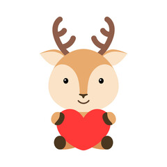 Cute funny deer with heart on white background. Cartoon animal character for congratulation with St. Valentine day, greeting card, invitation, wall decor, sticker. Colorful vector stock illustration.