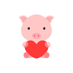 Cute funny pig with heart on white background. Cartoon animal character for congratulation with St. Valentine day, greeting card, invitation, wall decor, sticker. Colorful vector stock illustration.