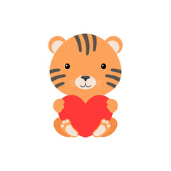 Cute funny tiger with heart on white background. Cartoon animal character for congratulation with St. Valentine day, greeting card, invitation, wall decor, sticker. Colorful vector stock illustration.