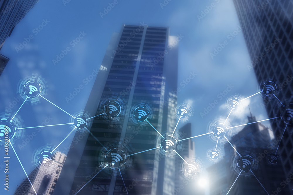 Poster wi-fi icon on the modern city of the future. wireless network connection. hong kong abstract image.