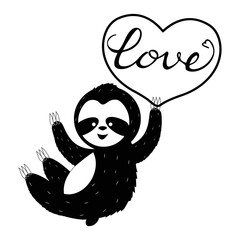 Sloth with heart silhouette in black colour isolated on white background. Romantic, cute bear in cartoon style. Positive symbol.