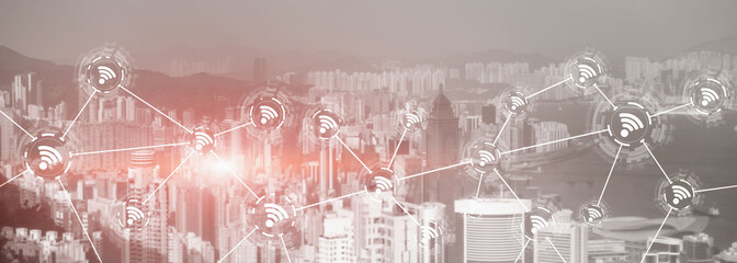 Wifi city communication technology fast internet connection 5g wireless concept. modern city view with icons.