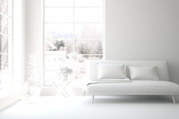Mock up of stylish room in white color with sofa and winter landscape in window. Scandinavian interior design. 3D illustration