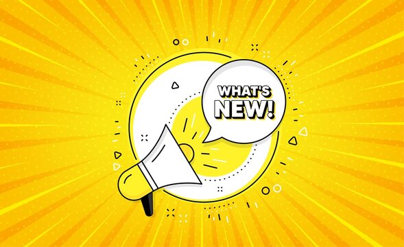 Whats New Symbol. Yellow Vector Button With Megaphone. Special Offer Sign. New Arrivals Symbol. Whats New Line Icon. Abstract Yellow Background. Vector