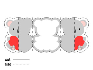 Cute koala hold heart. Fold long greeting card template. Great for St. Valentine day, birthdays, baby showers. Printable color scheme. Print, cut out, fold. Colorful vector stock illustration.