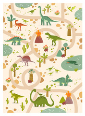 Print. Tropical maze with dinosaurs in a jurassic park. Cartoon dinosaurs. Road in jurassic park. Game for children. Children's play mat. tyrannosaurus, pterodactyl, brachiosaurus, tricerathorp