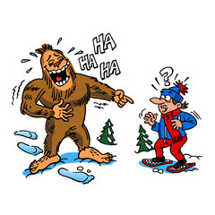 Bigfoot laughing hiker on snowshoes, winter sport joke, color cartoon