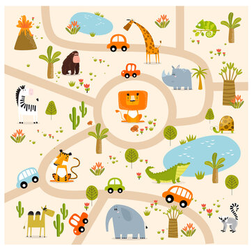 Print. Tropical maze with animals in safari park. Cartoon tropical animals. African animals. Road in a safari park. Game for children. Children's play mat.
