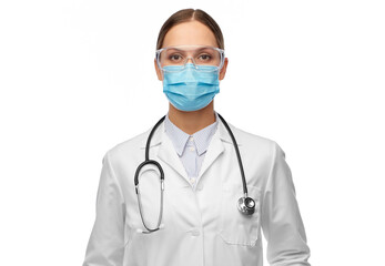 health, medicine and pandemic concept - young female doctor with stethoscope wearing goggles and face protective medical mask for protection from virus disease