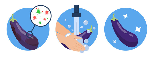 Washing eggplant concept vector isolated. Dirty vegetable full of bacteria before and clean product after washing in the water. Hands wash eggplant with soap.