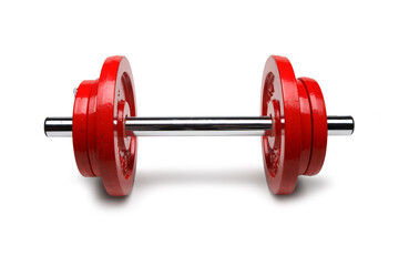Dumbbell with Red Plates, Weight Training, Weightlifting in Gym – Front View – Isolated on White Background