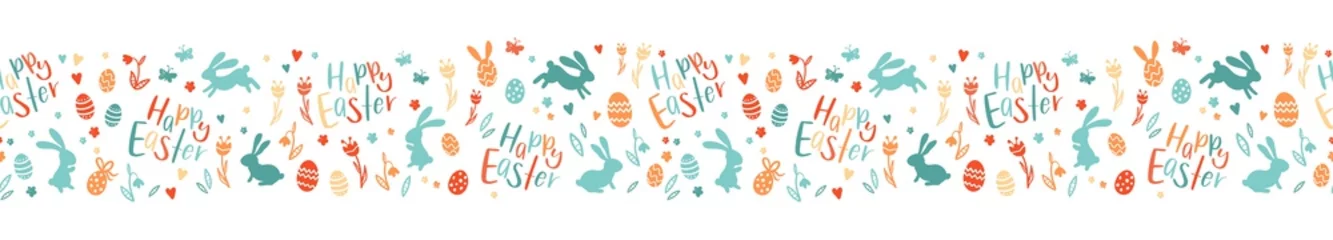 Rollo Lovely hand drawn horizontal seamless pattern with Easter bunnies, eggs, flowers and butterflies, great for textiles, banners, wallpapers, wrapping - vector design © TALVA