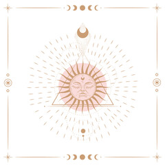 Vector illustration set of moon phases. Different stages of moonlight activity in vintage engraving style. Zodiac Signs