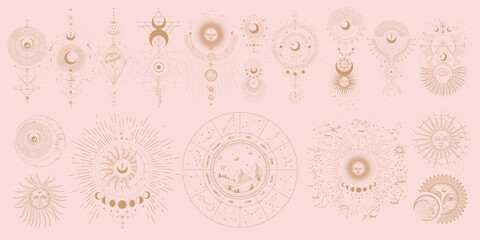 Vector illustration set of moon phases. Different stages of moonlight activity in vintage engraving style. Zodiac Signs
