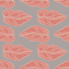 Pastel tones doodle nature seamless pattern with pink outline leaf ornament. Grey background.