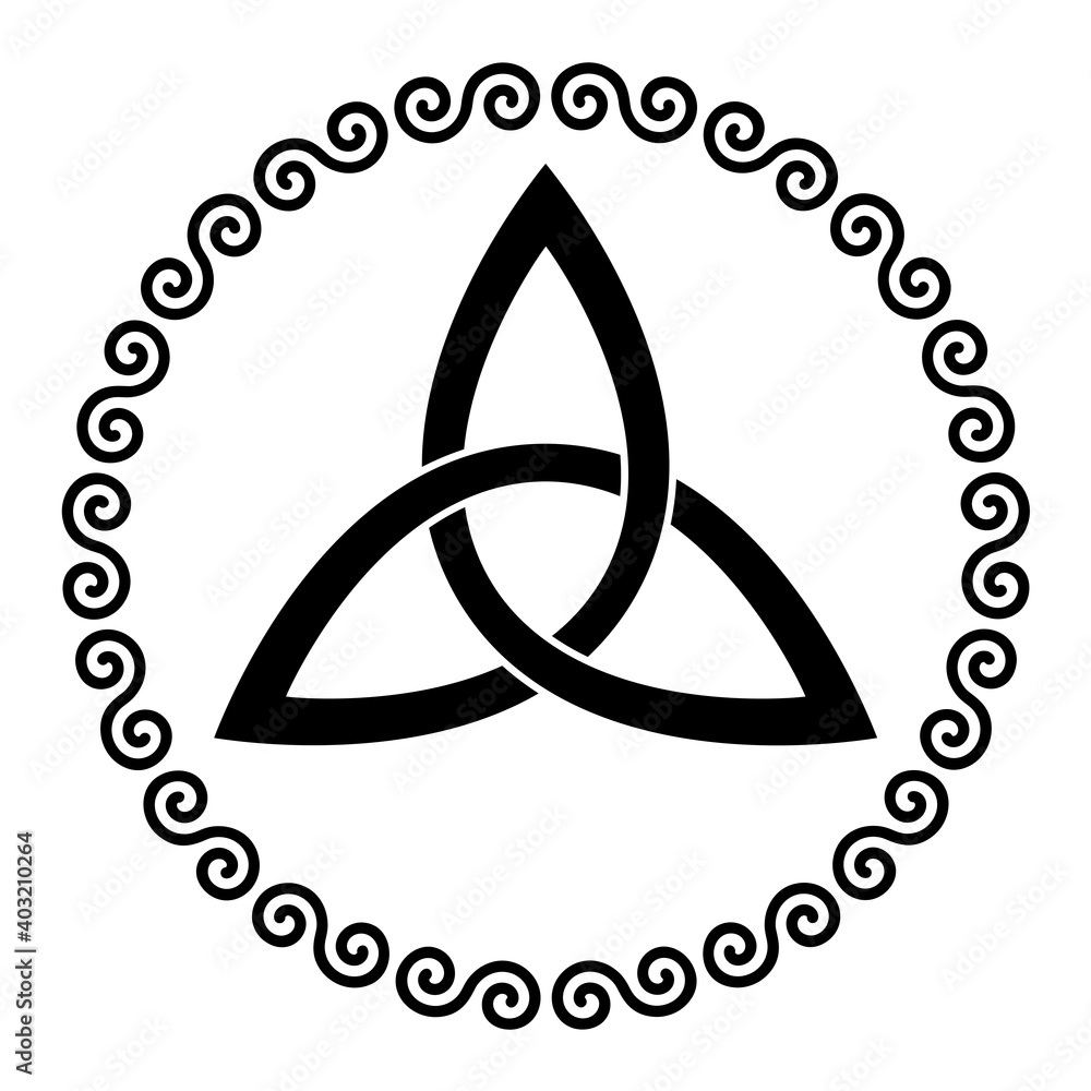 Poster celtic triangle knot in a circle frame shaped by double spirals. basket wave knot, used in ancient c