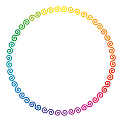 Rainbow colored Celtic double spirals, forming a circle shaped frame. Colorful decorative border, made of multi colored double spirals. Isolated illustration on white background. Vector.