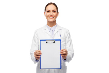 medicine, profession and healthcare concept - happy smiling female doctor in white coat showing clipboard