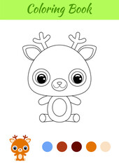 Coloring book little baby deer sitting. Coloring page for kids. Educational activity for preschool years kids and toddlers with cute animal. Black and white vector stock illustration.