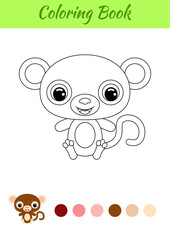 Coloring book little baby monkey sitting. Coloring page for kids. Educational activity for preschool years kids and toddlers with cute animal. Black and white vector stock illustration.
