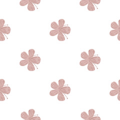 Isolated doodle seamless pattern with pastel pink simple flower ornament. White background.