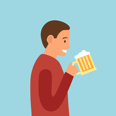Man drinking beer in flat design. Guy drinking beer for celebrating in party.
