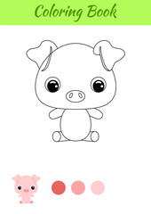 Coloring book little baby pig sitting. Coloring page for kids. Educational activity for preschool years kids and toddlers with cute animal. Black and white vector stock illustration.