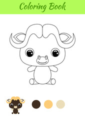 Coloring book little baby musk-ox sitting. Coloring page for kids. Educational activity for preschool years kids and toddlers with cute animal. Black and white vector stock illustration.