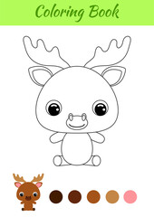 Obraz na płótnie Canvas Coloring book little baby moose sitting. Coloring page for kids. Educational activity for preschool years kids and toddlers with cute animal. Black and white vector stock illustration.
