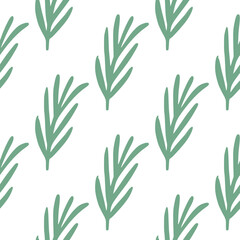 Isolated seamless herbal pattern with green doodle rosemary silhouetes. White background.
