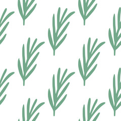 Isolated seamless herbal pattern with green doodle rosemary silhouetes. White background.