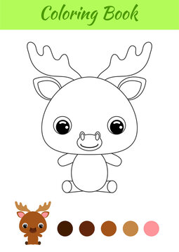 Coloring book little baby moose sitting. Coloring page for kids. Educational activity for preschool years kids and toddlers with cute animal. Black and white vector stock illustration.