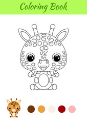 Coloring book little baby giraffe sitting. Coloring page for kids. Educational activity for preschool years kids and toddlers with cute animal. Black and white vector stock illustration.