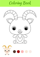 Coloring book little baby goat sitting. Coloring page for kids. Educational activity for preschool years kids and toddlers with cute animal. Black and white vector stock illustration.