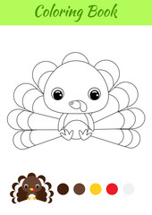 Coloring book little baby turkey sitting. Coloring page for kids. Educational activity for preschool years kids and toddlers with cute animal. Black and white vector stock illustration.