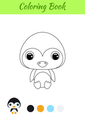 Coloring book little baby penguin sitting. Coloring page for kids. Educational activity for preschool years kids and toddlers with cute animal. Black and white vector stock illustration.