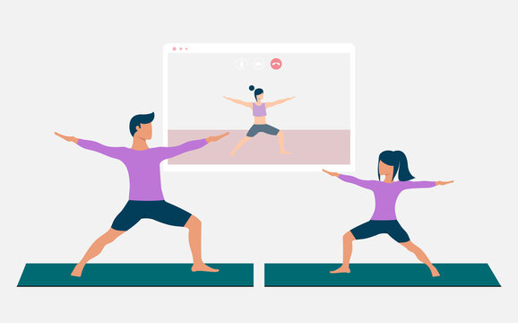 Father and his daughter doing yoga pose and watching online yoga practice on TV or projector. Stay home concept. Home activity during quarantine. Online courses, education. Eps 10.