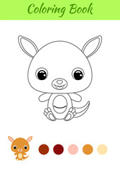 Coloring book little baby kangaroo sitting. Coloring page for kids. Educational activity for preschool years kids and toddlers with cute animal. Black and white vector stock illustration.