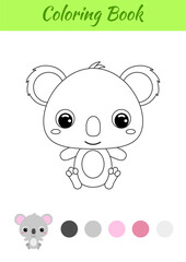 Coloring book little baby koala sitting. Coloring page for kids. Educational activity for preschool years kids and toddlers with cute animal. Black and white vector stock illustration.