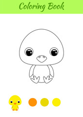 Coloring book little baby chicken sitting. Coloring page for kids. Educational activity for preschool years kids and toddlers with cute animal. Black and white vector stock illustration.